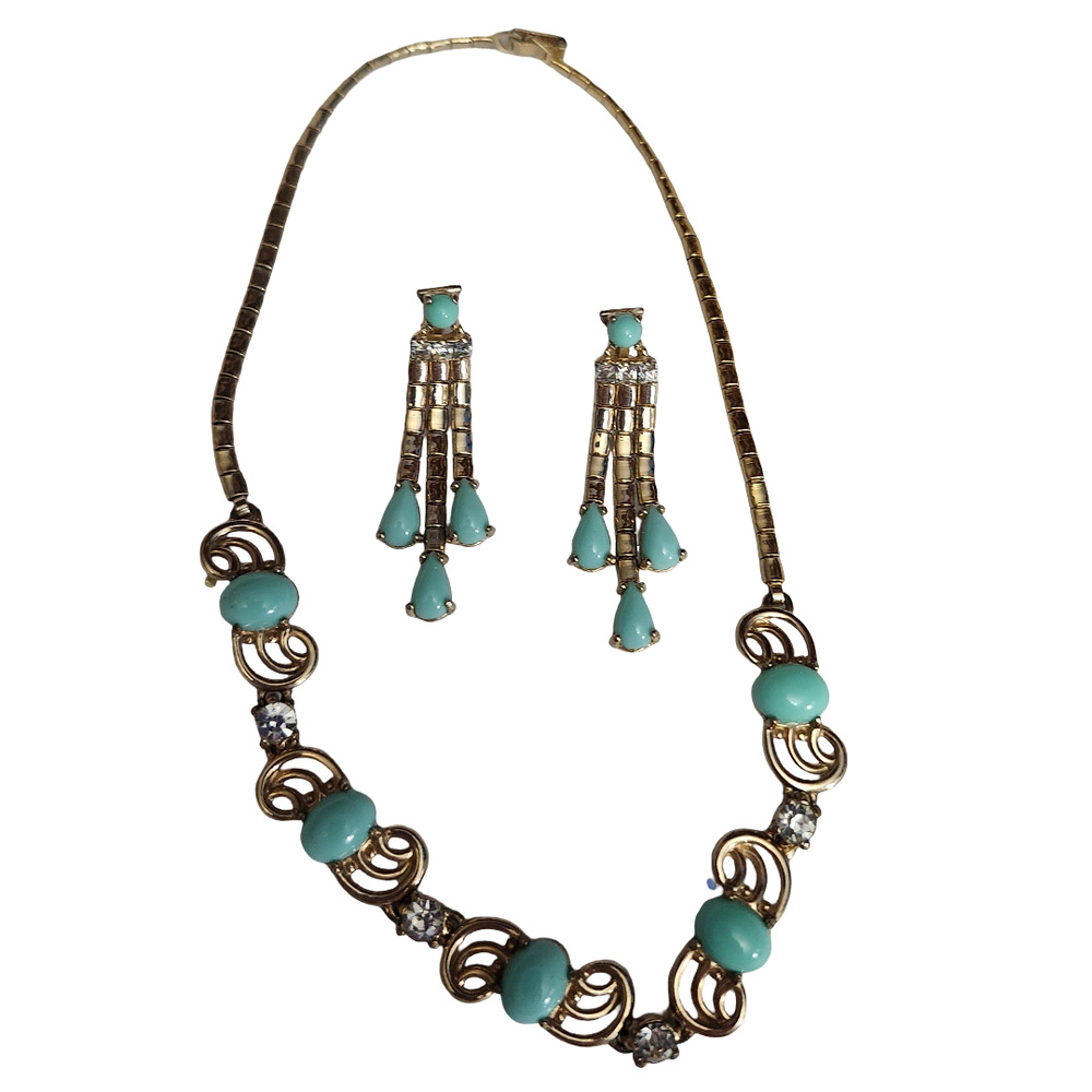 Vtg Unsigned B David Faux Turquoise Snake Chain Necklace Clip Earrings Set